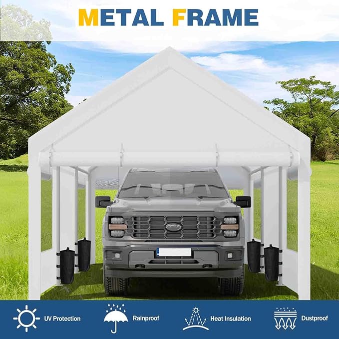 Shintenchi Carport 10' x 20' Heavy Duty Portable Garage, Carport Canopy with Side-Opening Door & Roll-Up Windows, Car Canopy for Truck,Car,Boat,White/Silver