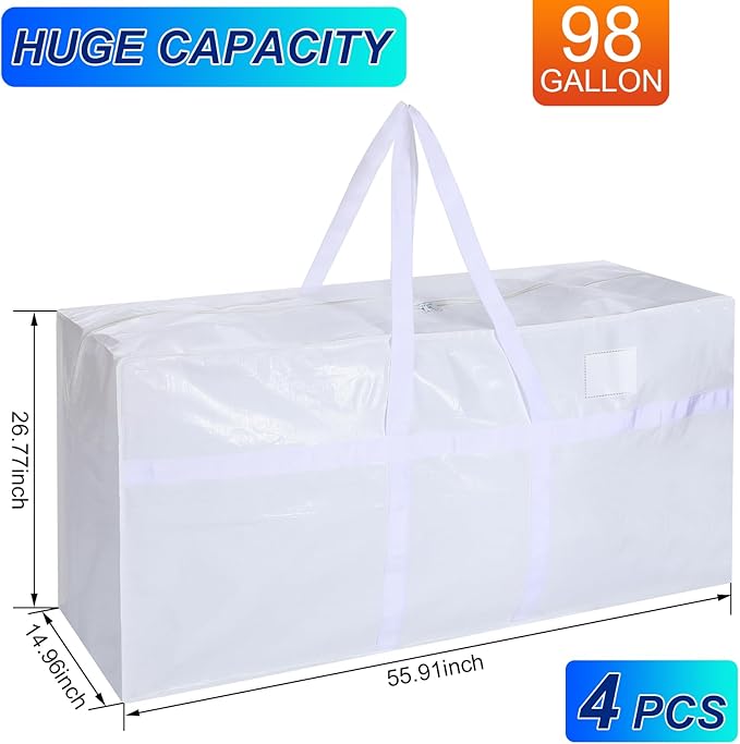 Windyun 4 Pack 98 Gallon Extra Large Storage Bags XXL Moving Bags with Zipper Handles Heavy Duty Jumbo Big Tote Box for Christmas Tree Storage 4, 5, 7.5, 9, 10, 12 ft Skeleton College Dorm(White)