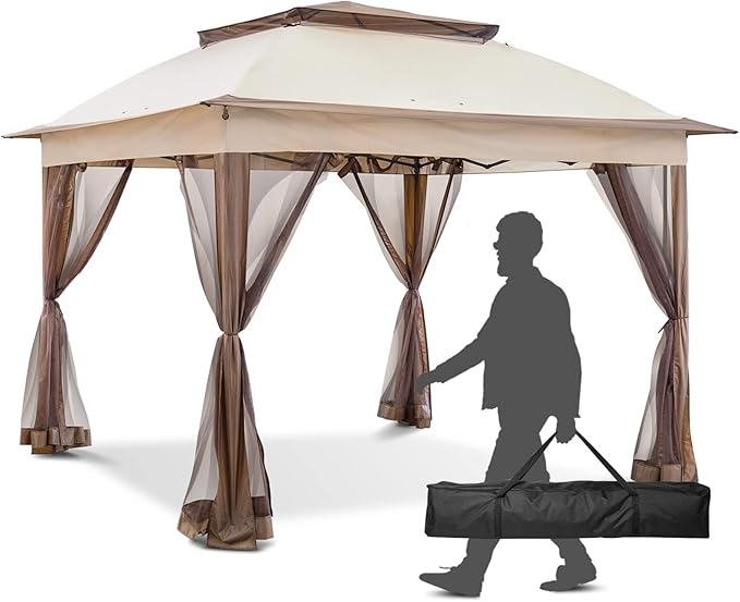 INTER HUT 11x11 Outdoor Pop up Gazebo Tent with Mesh Walls for Patio, Lawn, Backyard and Deck, Beige