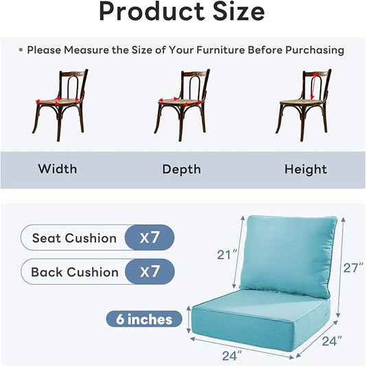 6" Thicker Outdoor Chair Cushion 7 Sets - 24" *24" *6" Waterproof Patio Furniture Cushions with Removable Cover, 28D High Density Sponge Filling Thicken Outdoor Patio Cushions - Turquoise