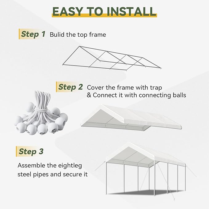 Aoxun 10x20 FT Premium Heavy Duty Carport with Tarp & Wind Resistance Portable Carport Car Tent Outdoor Car Port with Tear Resistant Canopy, No Sidewall - Milky White