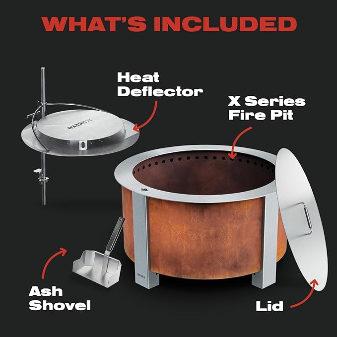 Breeo Smokeless Fire Pit Warmth Bundle (X Series 24 Corten Steel, Heat Deflector, Ash Shovel, & Lid) | 27.5 inch Smokeless Firepit for Outside | Ideal for Families, Gifts for Dad
