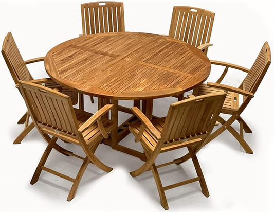 Indonesian Grade A Teak Outdoor Dining Set 7 Pieces. Patio Dining Set with One 59" Round Folding Round Table and 6 Folding Arm Chairs