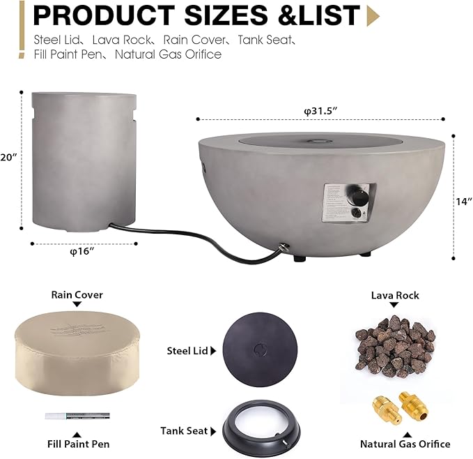 31.5 Inch Outdoor Propane Fire Pit Table w Tank Cover, 2 Pieces Concrete Gas Fire Pit 50,000 BTU Round Burner CSA Certification Fire Bowl with Tank Cover for Outside Patio, Backyard, Deck