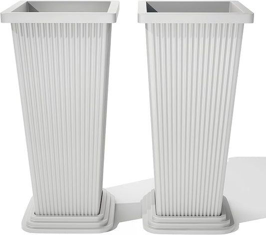 Set of 2 Large Tall Planter for Indoor or Outdoor 24" Flower Pots Tapered Tall Planters with Tray for Porch, Patio, Backyard, Large Planters for Outdoor Indoor Plants(White,Striped)