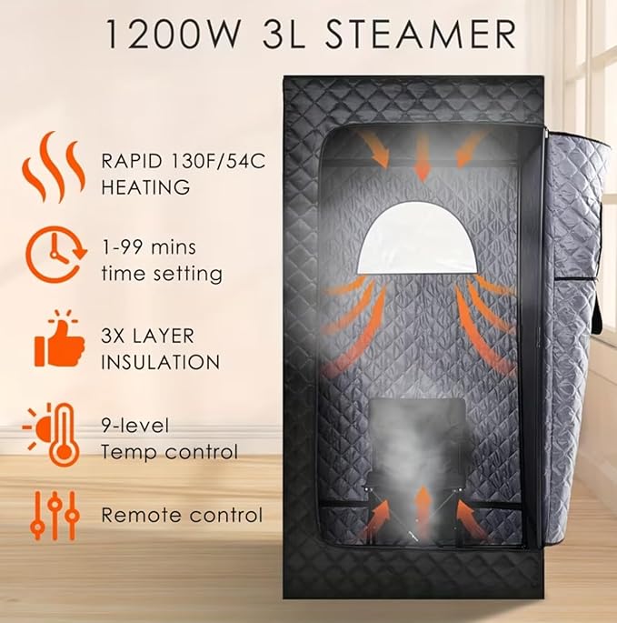 Portable Steam Sauna Tent with 1200W 3L Steamer, Remote Control, Folding Chair, Black, 175cm Height, 9-Level Temp Control