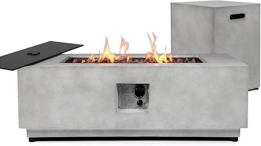 2 Pieces 42-Inch Outdoor Propane Fire Pit Table w/Tank Cover - 50,000 BTU, CSA-Certified Concrete Rectangle Firepits | Integrated Ignition, Steel Lid, Lava Rocks & Rain Cover Included