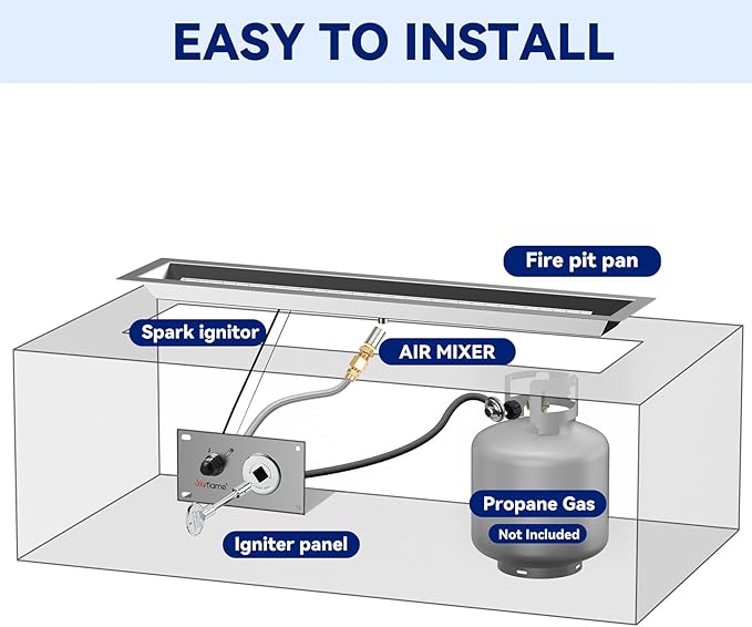 Skyflame 30 x 6 Inch Liner Fire Pit Pan Kit, Stainless Steel Drop-in Fire Pit Pan and Burner, Come with Spark Ignition and Propane Hose, Indoor/Outdoor Fire Table DIY Decorative