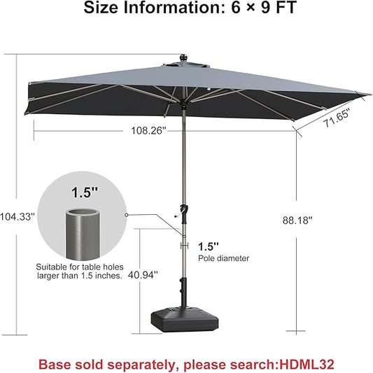 PURPLE LEAF 6' x 9' Rectangle Outdoor Umbrella for Patio with Tilt Adjustment, Patio Table Umbrella for 3 Year Fade Resistant, Aluminum Pool Market Umbrella for Deck, Garden, Patio, Poolside or Lawn