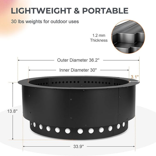 36 Inch Outer/30 Inch Inner Fire Pit Ring, Dual-Layer Design Smokeless Firepit Liner for Backyard, Beach & Camping