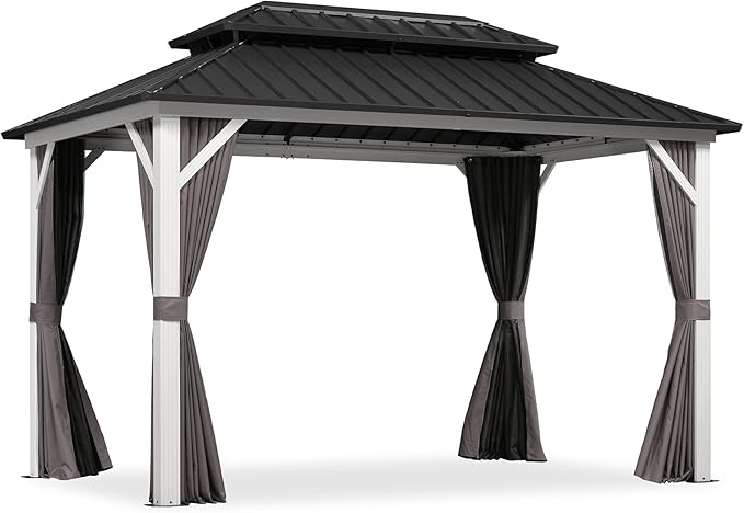 PURPLE LEAF 8' X 12' Hardtop Gazebo Metal Double Roof White Aluminum Frame Outdoor Heavy Duty Gazebo with Curtain and Netting for Patio Garden and Backyard, Grey
