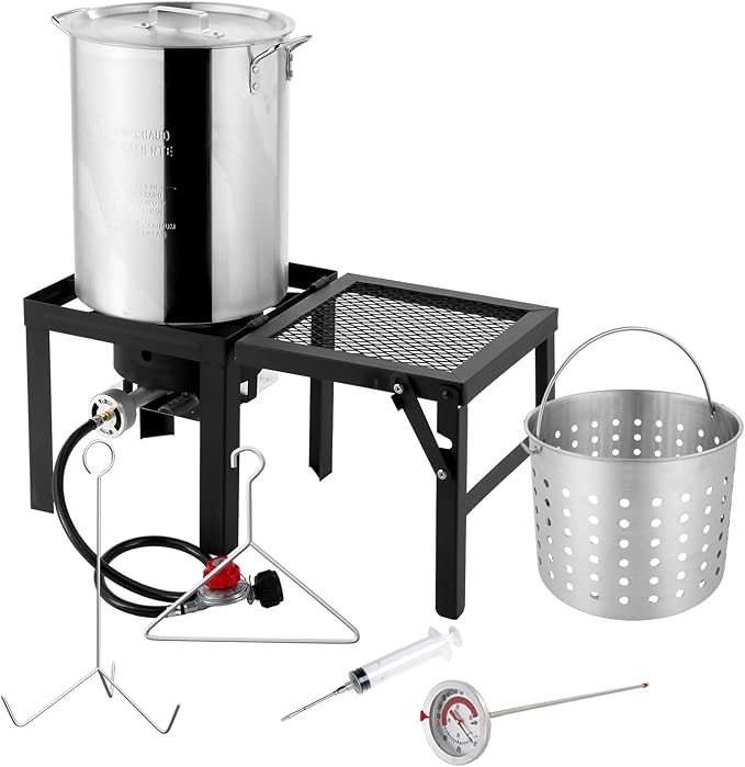 ROVSUN 30QT Turkey Fryer with Boiler Steamer Set Basket & 55000BTU Propane Burner, Outdoor Deep Fryer & Seafood Crawfish Boil Pot with Thermometer, Marinade Injector, Turkey Rack & Rack Lifter