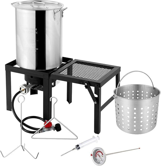 ROVSUN 30QT Turkey Fryer with Boiler Steamer Set Basket & 55000BTU Propane Burner, Outdoor Deep Fryer & Seafood Crawfish Boil Pot with Thermometer, Marinade Injector, Turkey Rack & Rack Lifter
