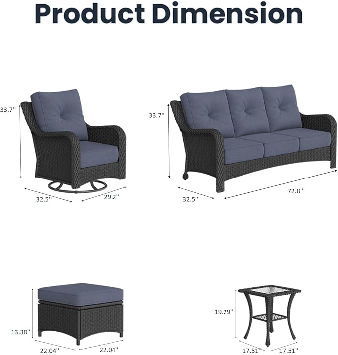 9 Pieces Outdoor Patio Furniture Sets with Rocking Swivel Chairs with 6-inch Thick Cushion and Side Table for Deck Lawn