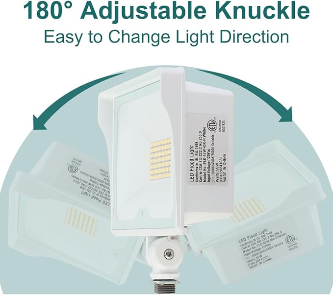 kadision 55W White LED Flood Light with Dusk-to-Dawn Photocell, 3000K/4000K/5000K Selectable, 120V 6600lm IP65 Waterproof Knuckle Mount Outdoor Security Lights, ETL Listed