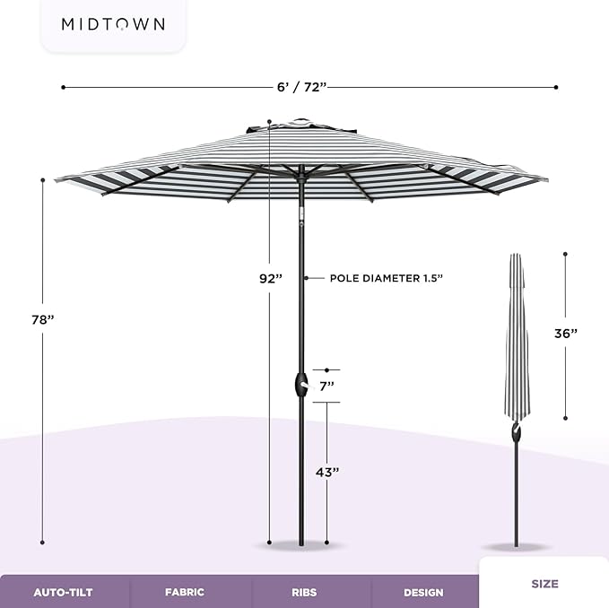 MIDTOWN UMBRELLAS The Lean 6 Feet Outdoor Umbrella With Terylast Matter Stripes (Grey/White Stripes) Polyester Fabric - Auto-Tilt Aluminum Frame Patio Umbrella For Deck, Garden, Pool - Black Pole