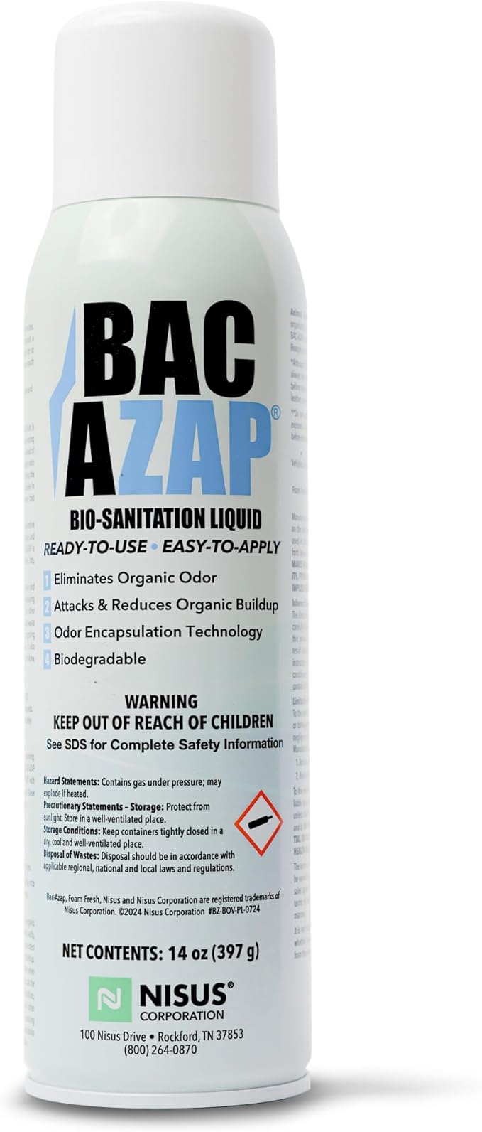Nisus Bac-Azap Odor Eliminator, Ready-to-Use Bio-Sanitization Liquid, Neutralizes Organic Waste Odors, Safe for Plumbing, 14 Oz