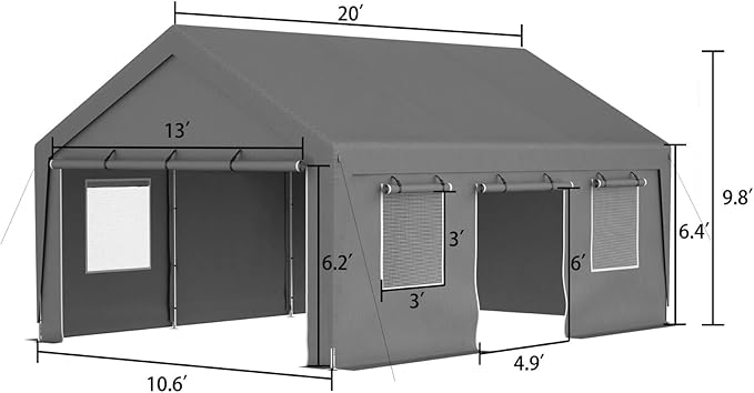 13x20 FT Heavy Duty Carport, Outdoor Storage Shed Tent with 2 Roll-Up Doors, Side Panels & Galvanized Steel Frame, All-Season Garage Shelter with Dual Mesh Ventilation Windows, Silver