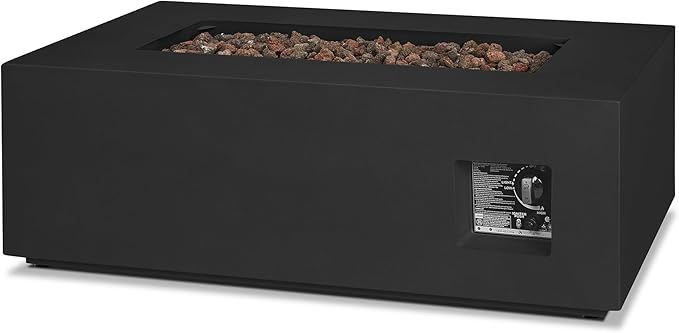 Real Flame Aegean 42in Rectangle Propane or Natural Gas Fire Pit Table, 50,000 BTU, Powder-Coated Steel, Push-Button Ignition, CSA Certified, Lava Rock, Storage Cover, Stainless Steel Burner with Lid