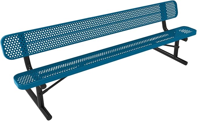 COATEDOUTDOORFURNITURE Coated Outdoor Furniture Heavy-Duty Portable Outdoor Bench Thermoplastic Coated, Punched Steel, Commercial-Grade Seating, Made in America (Portable with Back, 8 Ft, Light Blue)