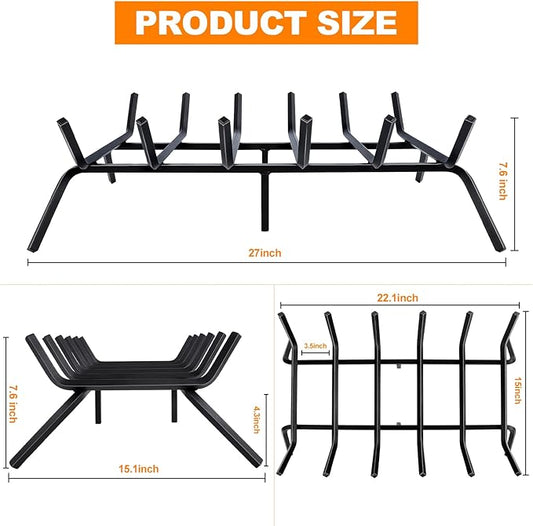 Fireplace Grate,Fireplace Log Holder,27 inch Heavy Duty Solid Cast Iron FIrewood Log Burning Rack for Inside The Fireplace Accessories Outood Fire Pit Kindling Fireplace Tools