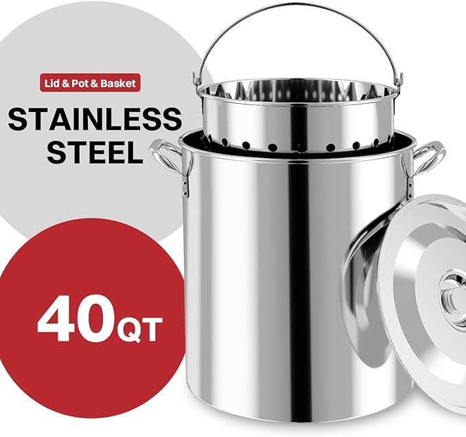 40QT Stainless Steel Turkey Fryer | Outdoor Fryer | Seafood Boil Pot | Cover & Skimmer Included | 50,000BTU Propane Burner | Deep Fryer Pot with Basket | Crab, Seafood & Crawfish Boiler