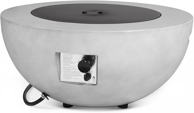 Propane Fire Pit–31.5 Inch Concrete Fire Pit – Outdoor Firepits 50,000 BTU Gas Fireplace CSA Certification w Lid,Lava Rocks for Deck or Patio & Grey