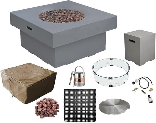 AMS Fireplace | Modeno Branford Package | Light Gray Liquid Propane Gas Fire Pit Table for Outside Patio Bundle with Tank Cover, Wind Guard & SS Burner Lid | Free Ice Bucket & Rubber Mat
