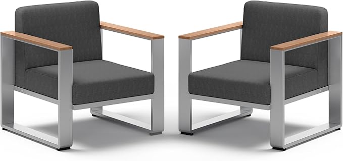 Aluminum Outdoor Patio Furniture,2 Pieces Armchairs, All-Weather Outside Single Sofa for Deck, Porch (Teak-Charcoal)