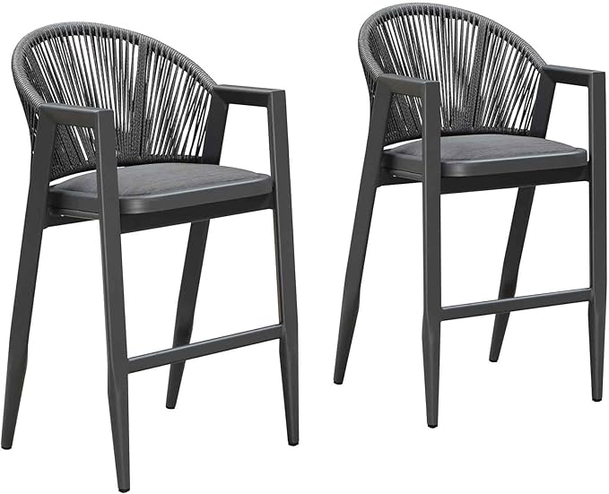 PURPLE LEAF Outdoor Bar Stool Set of 4 Wicker Bar Stools Rattan Bar Height Stool Bar Chairs Aluminum Barstool for Patio Kitchen Island Lawn Grey