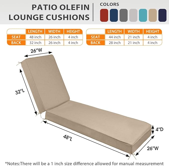 Sundale Outdoor Olefin Chaise Lounge Cushion, Water-Resistant Patio Lounge Chair Cushion, Thick Lounger Pad with 4 Straps Khaki, 80 x 26 x 4 Inches