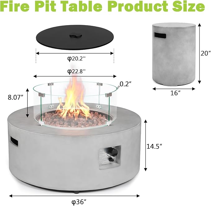 36 Inch Round Propane Fire Pit–Outdoor Firepit 3-Piece 50,000 BTU Gas Concrete Fire Pit w Tank Cover,CSA Certification,w Lid and Glass Wind Guard,Lava Rocks, Rain Cover for Backyard&Deck