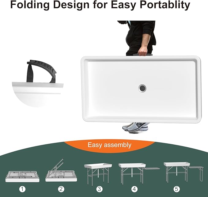 IWDOO Ice Cooler Table with Foldable Extension Stand, 4 Foot Outdoor Ice Table with Matching Skirt & Drain Hose, Folding Cooler Tables with Metal Shelf for Party, BBQ, Camping Picnic, White