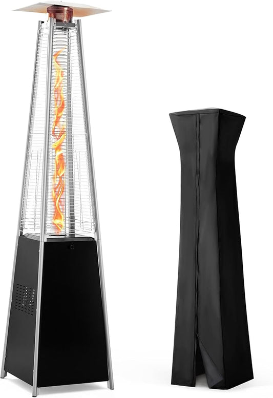 48,000 BTU Flame Pyramid Pool Heater With Cover, Triple Safety Protection Portable Patio Heater with Patio Cover, Warm Glass Tube with Durable Wheels-Black