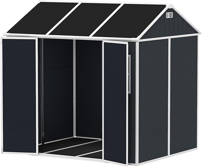 Resin Storage Shed 7.5x7ft, Outdoor Storage Sheds with Floor, Two-Window, Lockable Doors and Vents, 12mm Thick pp Board, Large Tool Shed for Bike, Garden, Backyard, Lawn (Dark Gray, 7.5 * 7ft)