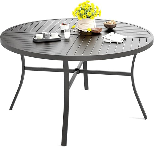 HERA'S HOUSE 54" Outdoor Patio Round Dining Table with Umbrella Hole, Metal Steel Frame for Backyard Lawn Balcony Deck, Black