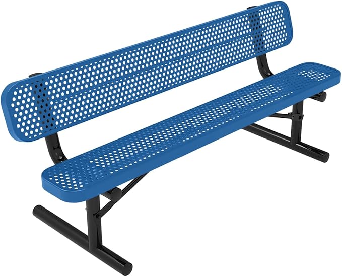 COATEDOUTDOORFURNITURE Heavy-Duty Portable Outdoor Bench Thermoplastic Coated, Punched Steel, Commercial-Grade Seating, Made in America (Portable with Back, 6 Ft, Textured Light Blue)