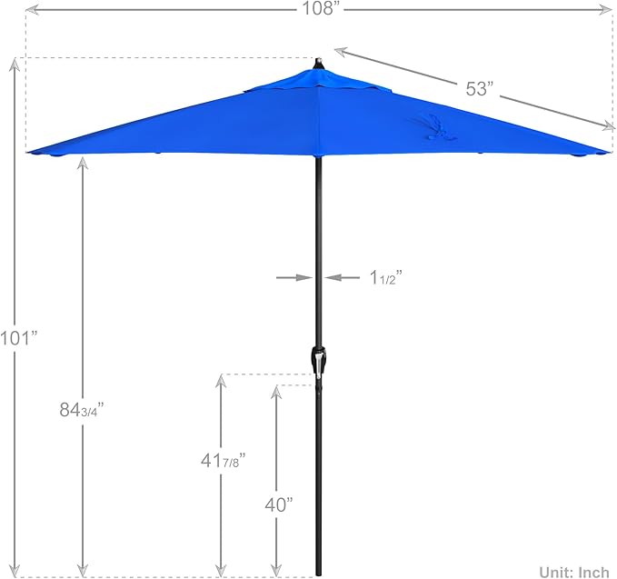 California Umbrella 9' Rd Aluminum Patio Umbrella, Crank Lift, Auto Tilt, Black Finish, Sunbrella Pacific Blue
