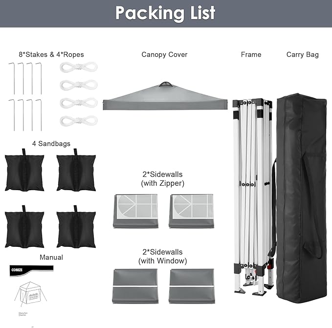 COBIZI Canopy Tent 10x10 Pop Up Outdoor Canopies with 4 Sidewalls Waterproof Commercial Instant Gazebo Tents for Party Patio Backyard with 4 Sandbags, 4 Stakes & 8 Ropes, Grey