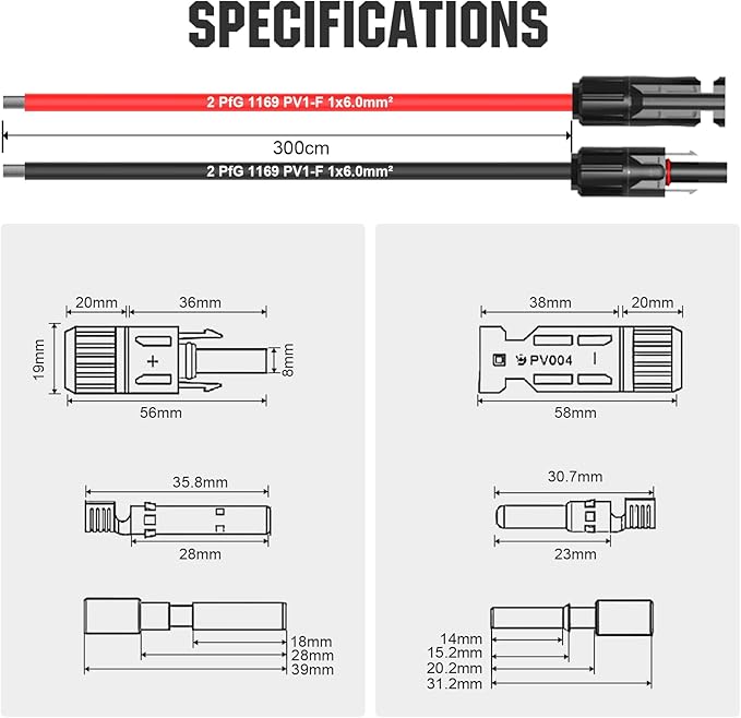 ECO-WORTHY 10FT 10AWG Solar Extension Cable 30A/1000V DC, IP67 Waterproof with Compatible Quick Connectors (Red+Black) for Solar Panels, Controllers, Off-Grid Systems