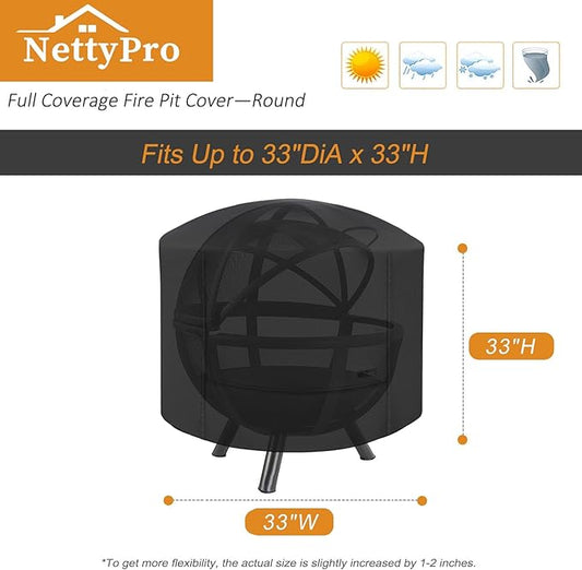 NettyPro Fire Pit Cover Round Waterproof Outdoor Firepit Cover for for Ikuby Ball Globe Patio Fireplace, 33 x 31 inch, Black