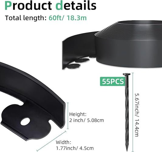 2 in x 60 Ft Garden Landscape Edging, No Dig Garden Edging Border Kit with Spikes for Flower Bed Lawn Yard Grass Black