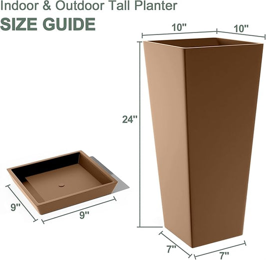Set of 2 Large Planters for Outdoor Plants 24" Tall Tapered Modern Flower Pots with Drainage Tray for Garden, Patio, Porch (Brown)