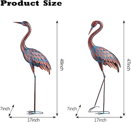 Kircust Garden Crane Statues Patina Heron Decoy, Standing Metal Crane Sculptures Bird Yard Art for Outdoor Decor, 47-48 Inch, Set of 2
