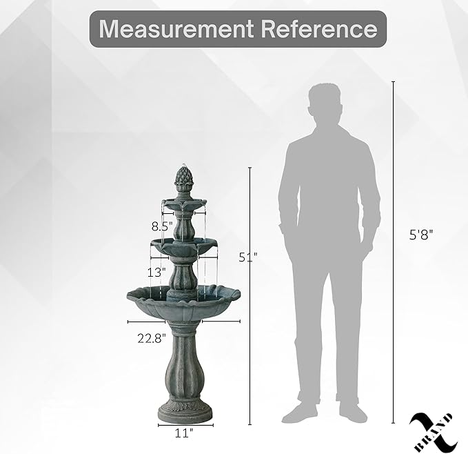 XBrand Outdoor Water Fountain 51 inch 3-Tier Garden Fountain with Pump, Weather Resistant Resin Patio & Yard Waterfall Feature - Grey