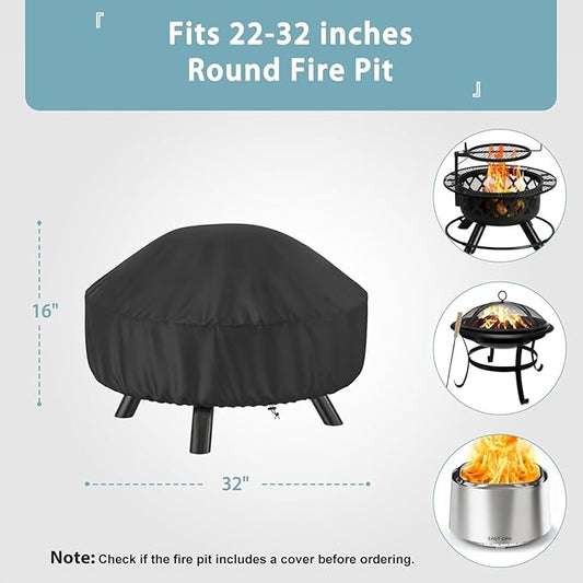 SHINESTAR Fire Pit Cover Round 32 In, Outdoor Fire Pit Cover for 22-32 Inches Fire Pits, Windproof Drawstring & Waterproof Layer, Black