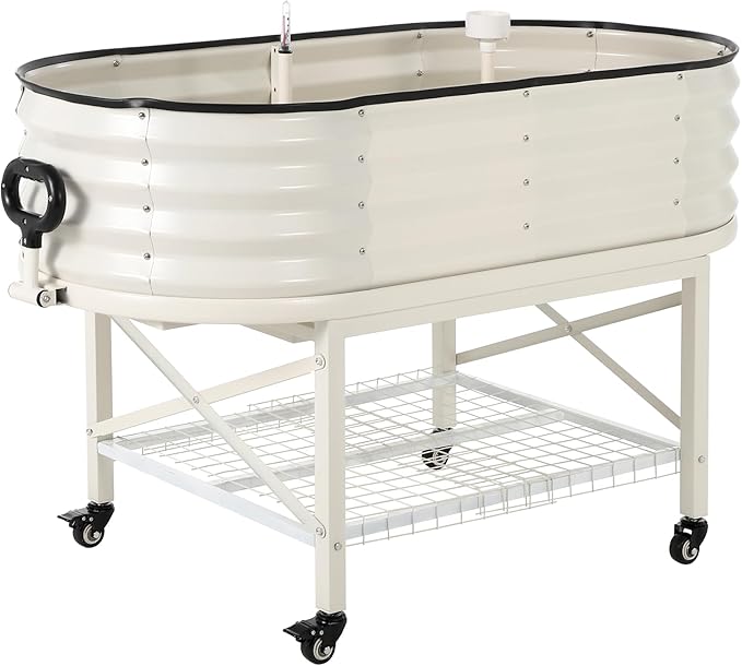 Oval Galvanized Raised Garden Bed Kit with Legs & Storage Rack for Patio, Easy Assembly, Thick Metal Outdoor Planter Box for Vegetables, Flowers, Patio Gardening, White