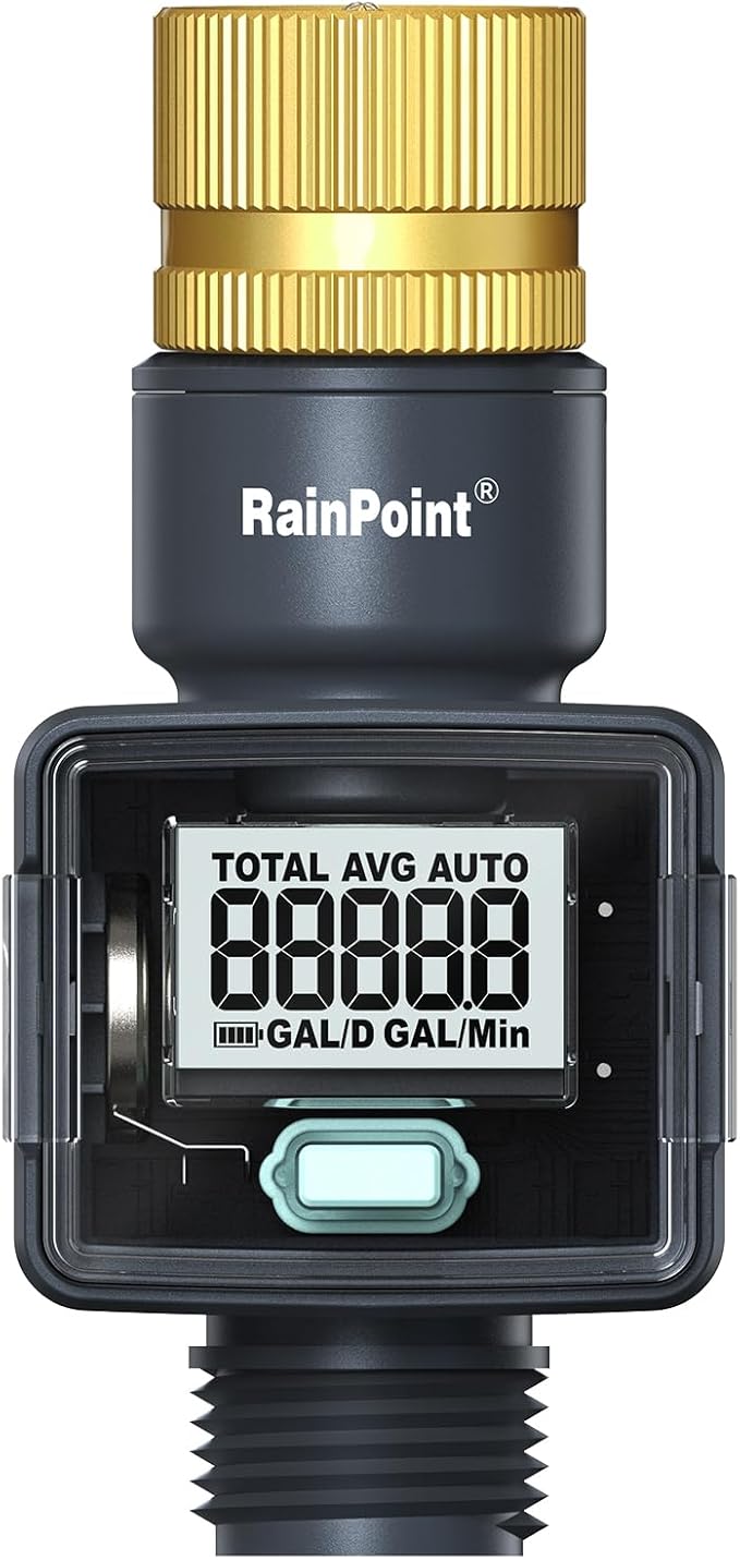 RAINPOINT Water Flow Meter with Brass Inlet, ±5% Accuracy, Max Measured Consumption of 9999.9 Gallon/Liter, Water Meter for RV Tank Filling, Garden Hose Watering, Lawn Sprinkler & Nozzle Sprayer
