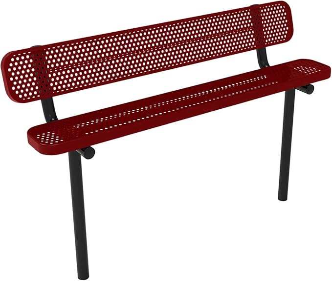 COATEDOUTDOORFURNITURE Coated Outdoor Furniture Heavy-Duty Outdoor Bench Thermoplastic Coated, Punched Steel, Commercial-Grade Seating, Made in America (Inground with Back, 6 Ft, Textured Burgundy)