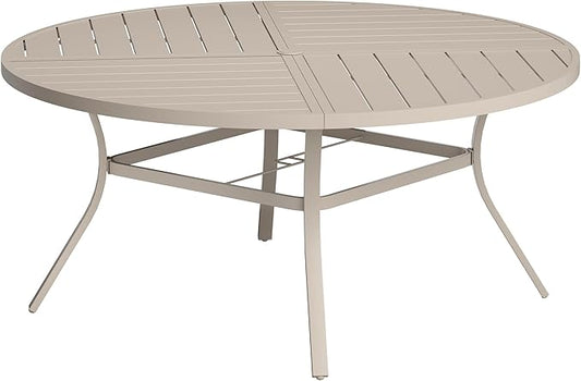 VICLLAX Round Patio Table with Adjustable Umbrella Hole for 8, All Weather Metal Outdoor Dining Table for Lawn Garden, 59.8" Outdoor Coffee Table, Cream Color Frame